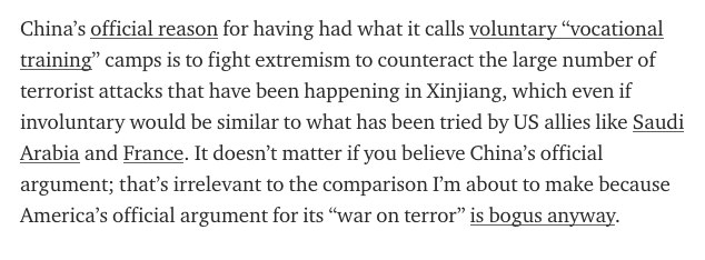 But the point I’m actually interested in making today is that even if we were to pretend the establishment claims about what’s happening in Xinjiang have been completely authenticated by independently verifiable proof, it still wouldn’t be as bad as what the US is doing.