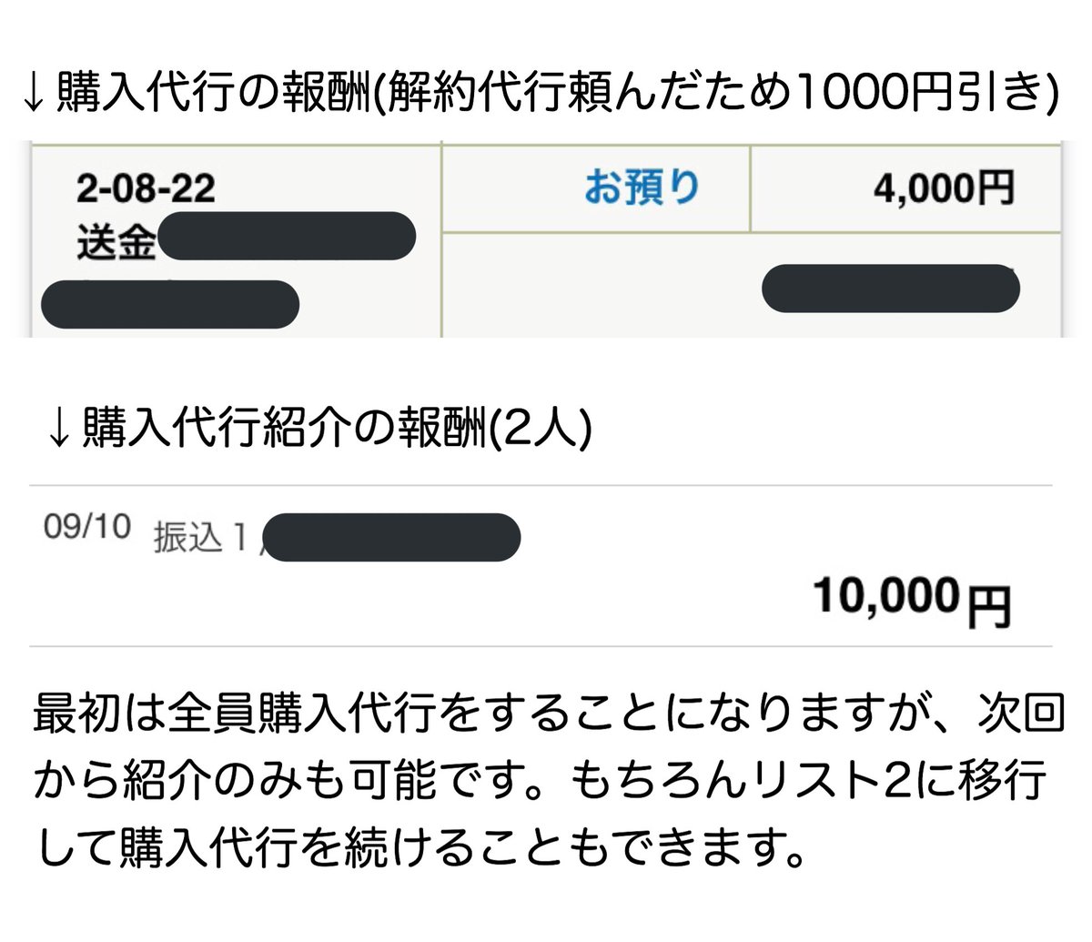am24505083's tweet photo. 【購入代行実績】

ゆるゆるやってたからまだ全然ですが、1万4000円貰えました✨
今後はこれをメインにやっていこうかな〜と考えてます🧸💓

2回目以降は紹介業をしていますが、もうすぐ一人暮らしするので、引越ししたらリスト2の購入代行も同時にやっていきます(♡)

#am副業実績 https://t.co/MYWP9xOpBL