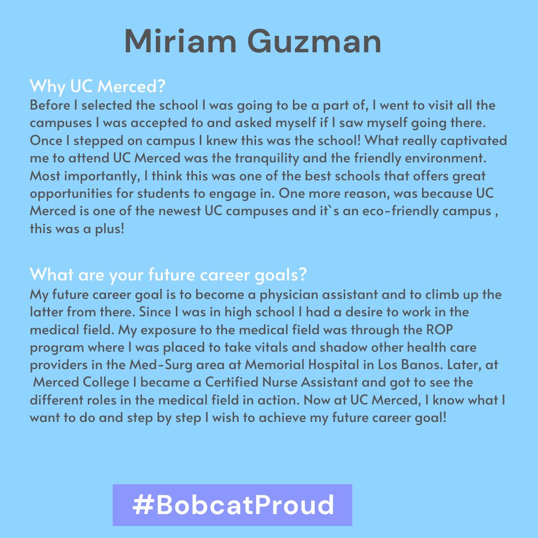 uc_tip's tweet photo. Transfer Student Spotlight! Meet our #BobcatProud student
Miriam Guzman!π€©
#BobcatProud #UCMerced #transferstudents
#transferbobcat #futurebobcat #transfer #communitycollege #communitycollegetransfer #transfersuccess #ucm #ucmercedadmissions #transferadmission #MercedCollege https://t.co/VUcV4QAXKZ
