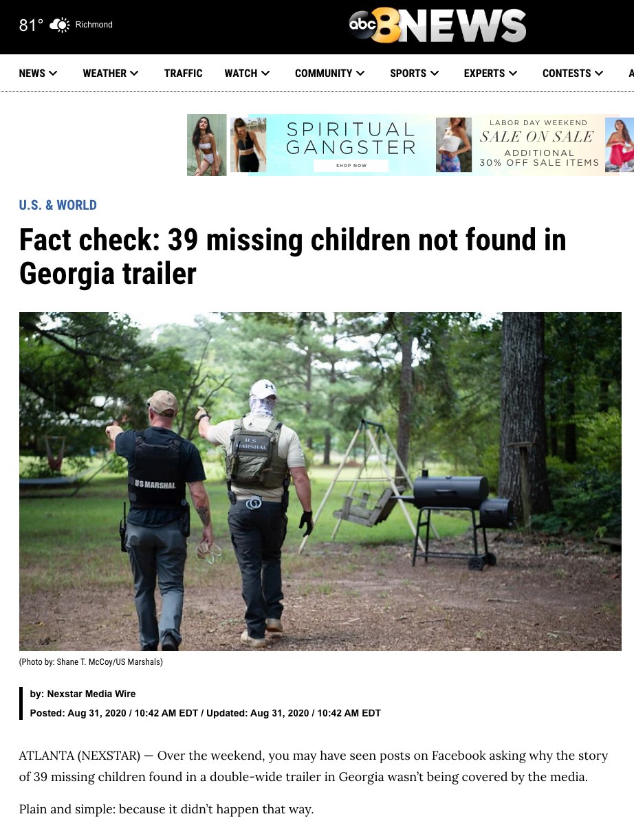 After a post was shared on Facebook about 39 Children being found in a double wide. Oddly the media latched on to the "double wide trailer" to try to debunk the story. People only read headines. "Fact Check 39 kids NOT Found..."