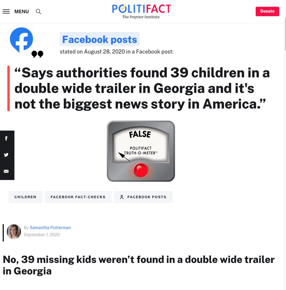 After a post was shared on Facebook about 39 Children being found in a double wide. Oddly the media latched on to the "double wide trailer" to try to debunk the story. People only read headines. "Fact Check 39 kids NOT Found..."