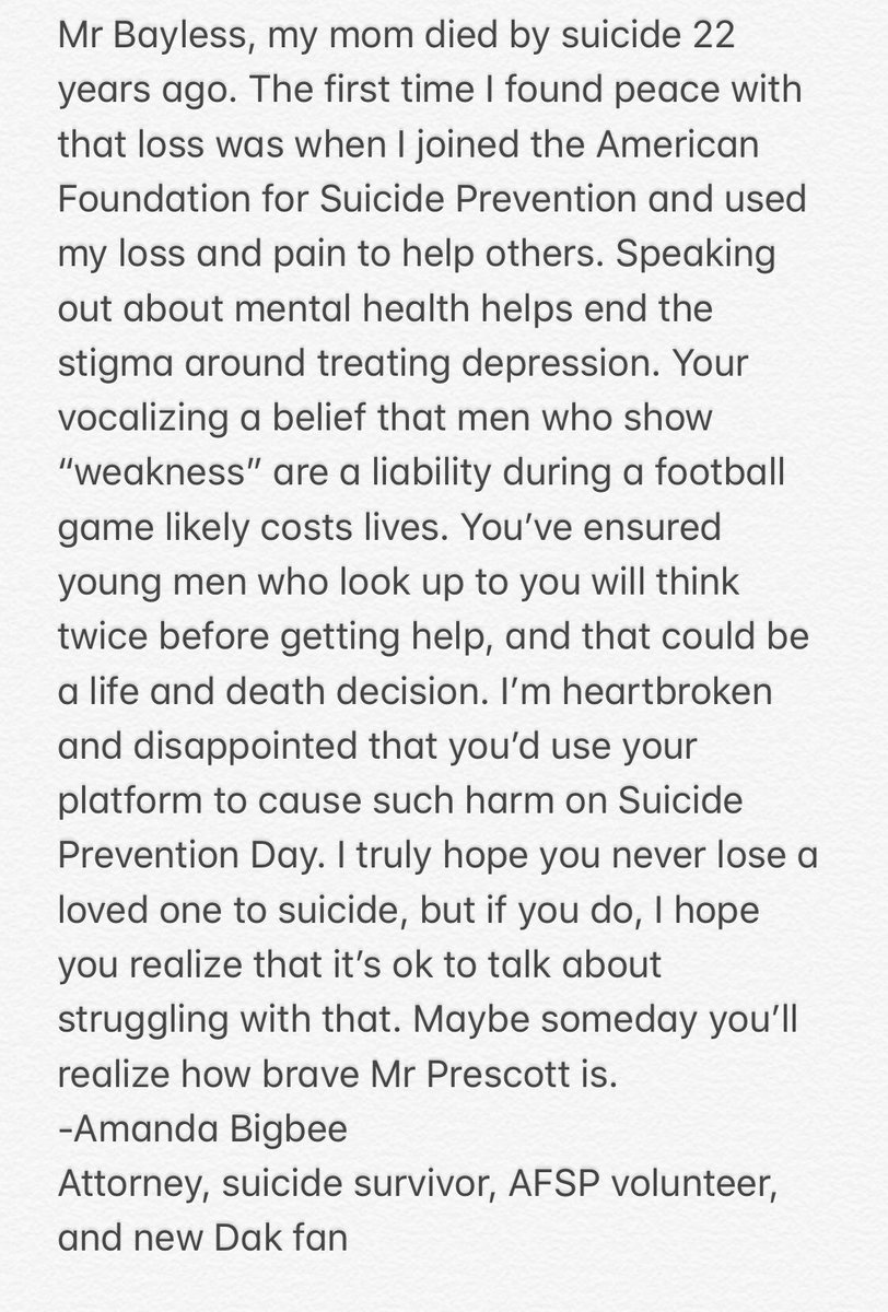ambigbee's tweet photo. .@RealSkipBayless, please take a moment to consider my thoughts on your comments today. @dak - thank you for being brave and helping young people know it’s ok to not be ok and get help. https://t.co/swIOcxpoee