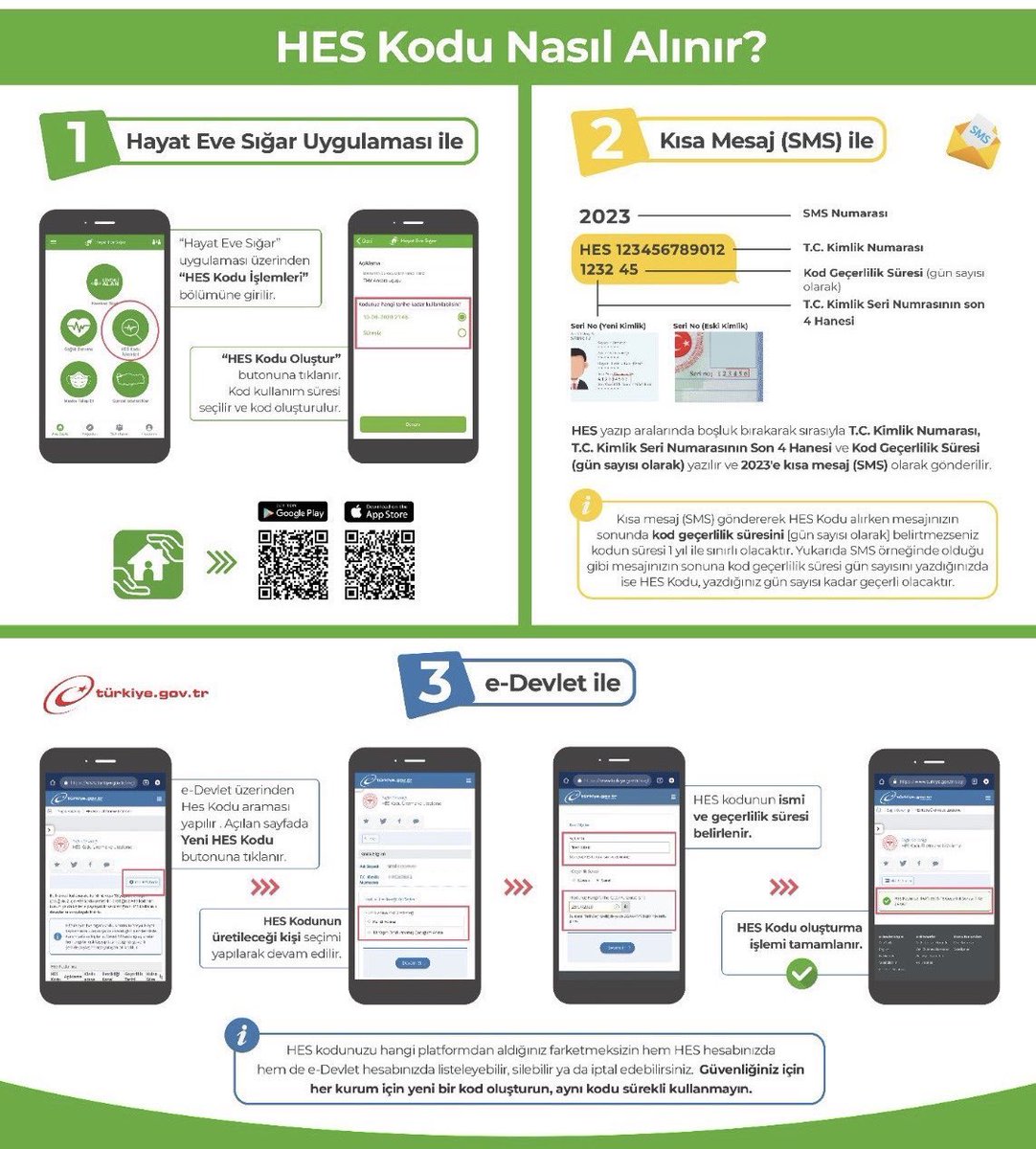 Görselde belirtilen yöntemlerle HES kodu oluşturabilirsiniz.