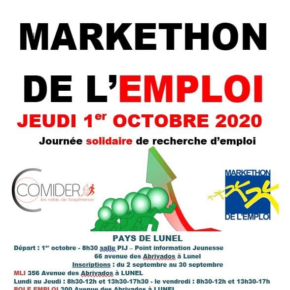 VilleLunel's tweet photo. #emploi : bientôt la nouvelle édition du #markethon de #Lunel. Avec le #comider et @Poleemploi_oc les markethoniens vont démarcher les entreprises du #PaysdeLunel pour dénicher des #offre d'emploi
⚠ inscriptions au préalable obligatoires ! https://t.co/kNwgpLeaf0