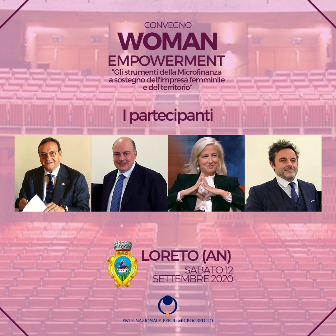 🔜 Road to #WomanEmpowerment
📅 Sabato 12 settembre ore 10:30
👉🏼 Convegno promosso dall'#ENM
📍 Teatro Comunale Loreto (AN)
🔴 Live sui canali social ENM

 #Impresa #Microcredito #donne #economia #economiarosa #economiadonna #donna #woman #womaneconomy