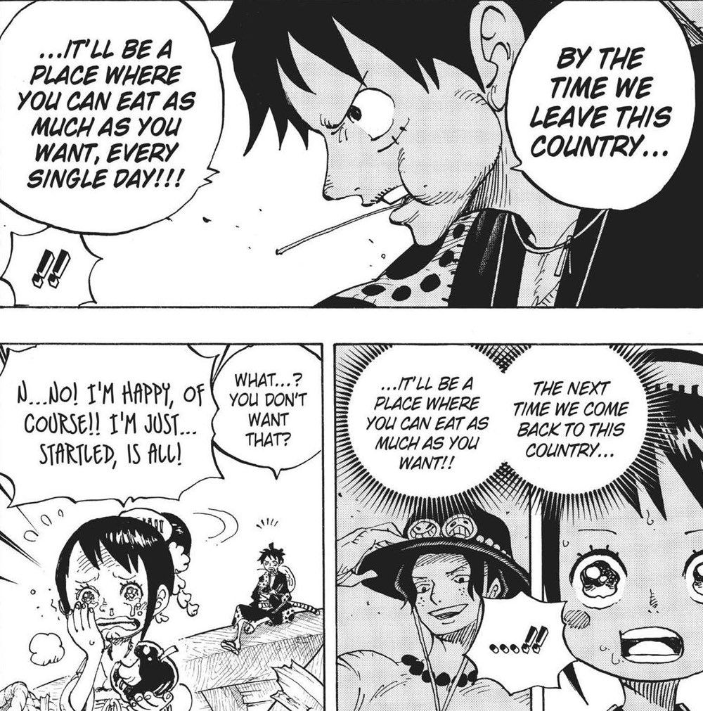 Un pays sain où elle pourra vivre décemment. Cela se couple parfaitement à son rôle de Joy Boy, venu aider le pays à rouvrir ses portes. Sans oublier le monologue de Kinemon au chapitre 987, sur le rôle de Luffy pour ce pays s’il venait à mourir [7/14]
