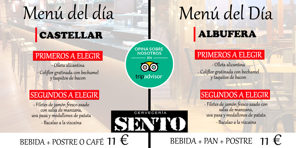 👉 Buenos días‼ Hoy viernes tenemos #menú del día en las #cervecerías Sento #Albufera y Castellar en #Alicante. Os esperamos ⤵