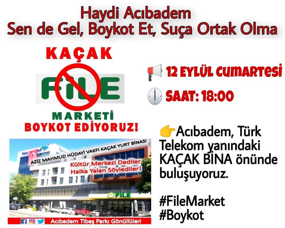 TibasPark's tweet photo. #FileMarketBoykot
📌 Haydi Acıbadem, Sen de gel, Boykot Et, Suça Ortak olma!
📢 12 Eylül, Cumartesi
🕕 Saat: 18:00
📍Acıbadem, Türk Telekom yanındaki kaçak bina önünde buluşuyoruz.
#FileMarket
#Boykot https://t.co/1Wxyzd1jqi