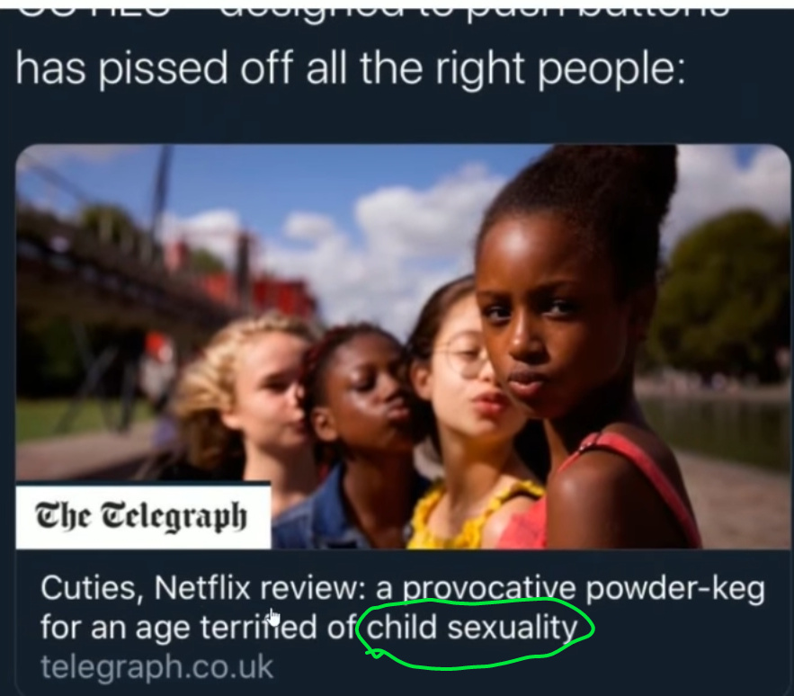 RunnerZak's tweet photo. Are you ready for the normalization of pedophilia?
#Pedos #PedoNetflix #NetflixPedofilia https://t.co/o8q61zOx5h