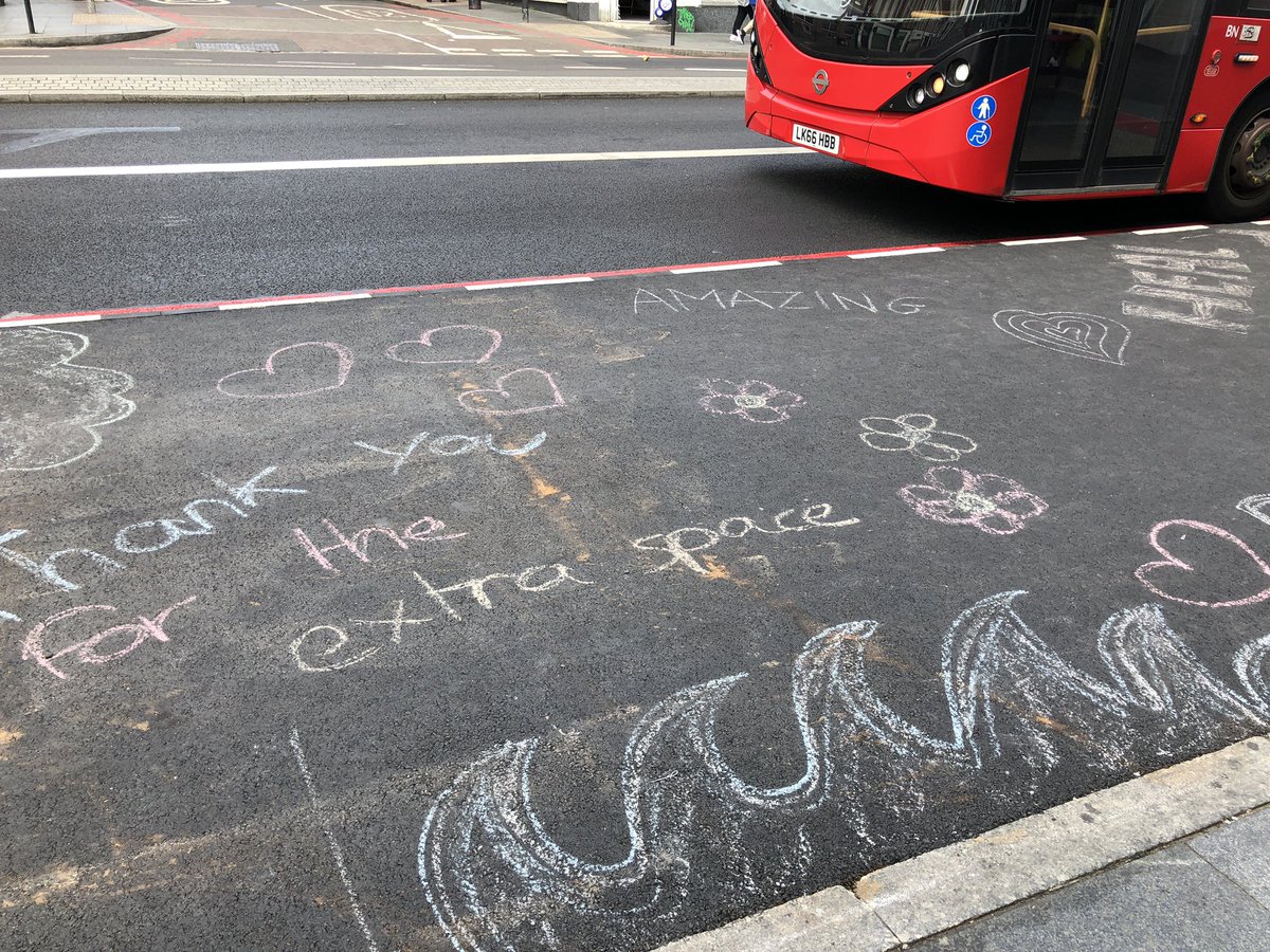 We’ll start. Extension to width of pavement at a busy bus stop ensures people can wait safely for buses while social distancing. Reduces anxiety, improves mobility - also engagement with place via the drawings. Brixton, London, UK, 10 May 2020  #COVIDurbandesign