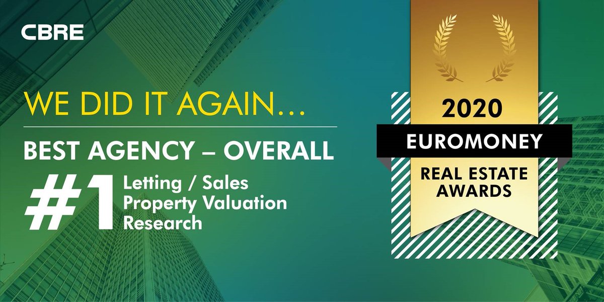 CBRE_India's tweet image. #CBREIndia named the &apos;Best Agency-Overall&apos; at the  #Euromoney Real Estate Awards 2020

And that&apos;s not it...

Worldwide, @CBRE has garnered 55 awards, with 15 awards for #India, #SouthEastAsia, and the #MiddleEast, representing a diverse mix of accolades.