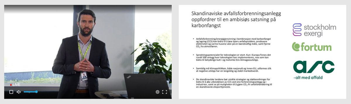 Applicera CCS-teknik på avfallsförbränningsanläggningar, uppmanar ARC, Fortum Oslo Värme och Stockholm Exergi. Eirik F Tandberg, managing director på @FortumOsloVarme presenterade bolagens gemensamma avsiktsförklaring på seminarium om CCS idag #scandiCCUS stockholmexergi.se/nyheter/skandi…