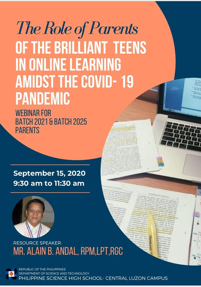 PSHS_CLC's tweet image. Join us for an insightful parent webinar session this coming September 14 &amp;amp; 15, 2020.
Get practical tips, guidance, and resources from the experts on how to best support teens as the school year gets underway with online learning.
#TheHeartofExcellence
#EmbracingNewNormal