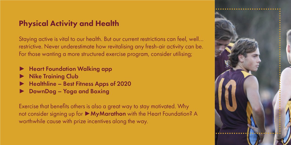 Some more links to go with the Physical Activity and Health considerations.  https://walking.heartfoundation.org.au/terms-and-conditions/walking-mobile-app |  https://apps.apple.com/us/app/nike-training-club/id301521403 |  https://www.healthline.com/health/fitness-exercise/top-iphone-android-apps