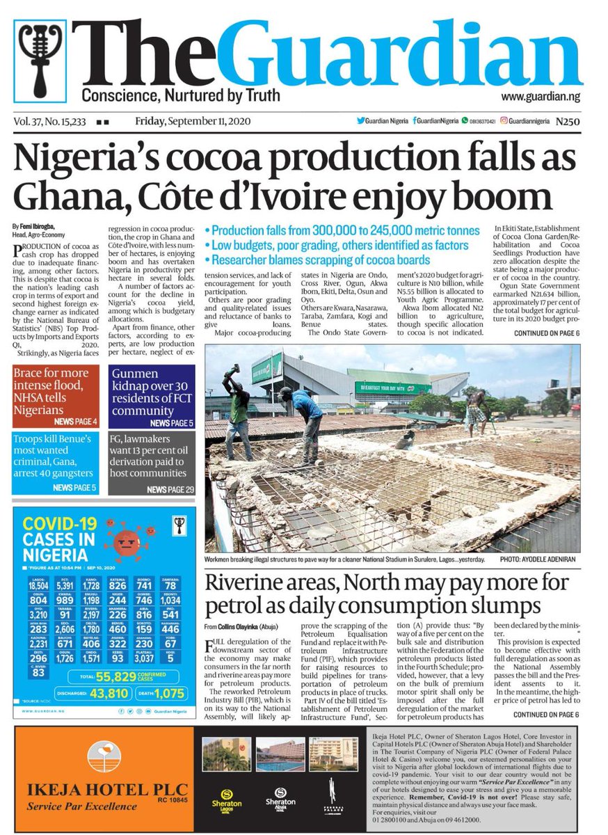 GuardianNigeria's tweet image. Today in The Guardian – Nigeria’s cocoa production falls as Ghana, Côte d&apos;Ivoire boom. Get The Guardian on the newsstands for the latest in world news, sports, and in-depth analysis.

#Cocoa #Ghana #CocoaProduction #FrontPage #Headline #News #Nigeria #NigerianNews #TheGuardianNg