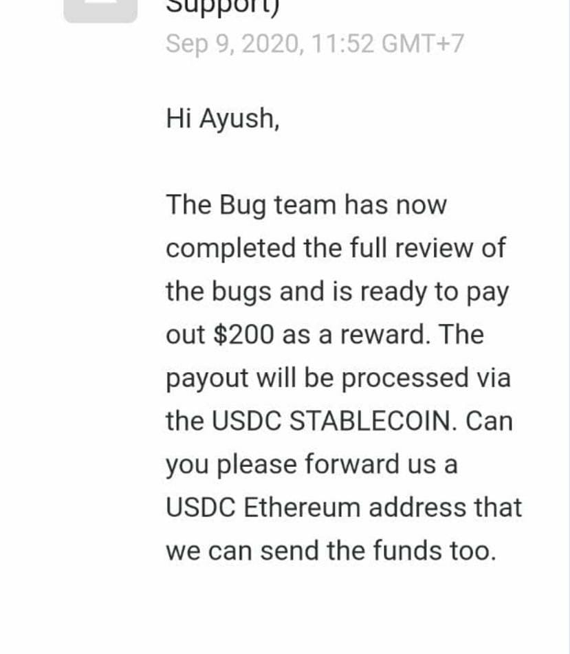 Congratulations AYUSH for receiving $200 USD all the best for more Bountys like this. For More details on #WAPT, #VAPT, #MAPT, #BugBounty & #ISOAudit Kindly Call me on +918446503791 Online Training & Classroom Training both is available