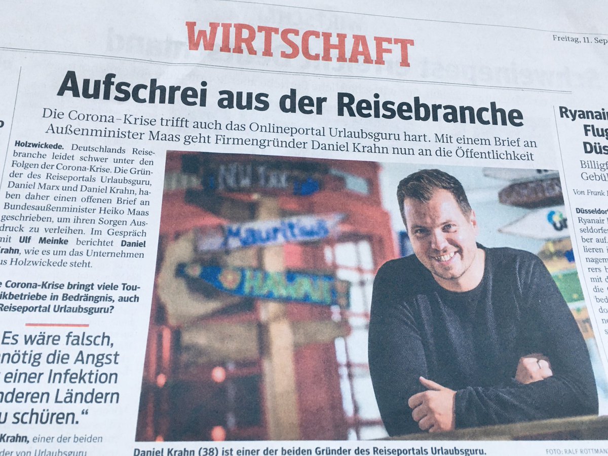 Die Reisebranche leidet schwer unter der #Coronakrise. ⁦<a href="/DanielKrahn11/">Daniel Krahn</a>⁩, Gründer von #Urlaubsguru, hat daher einen offenen Brief an Außenminister ⁦<a href="/HeikoMaas/">Heiko Maas 🇪🇺</a>⁩ geschrieben. Wir berichten ⁦<a href="/WAZ_Redaktion/">WAZ</a>⁩ 

⁦@UNIQ_GmbH⁩ #startups #touristik