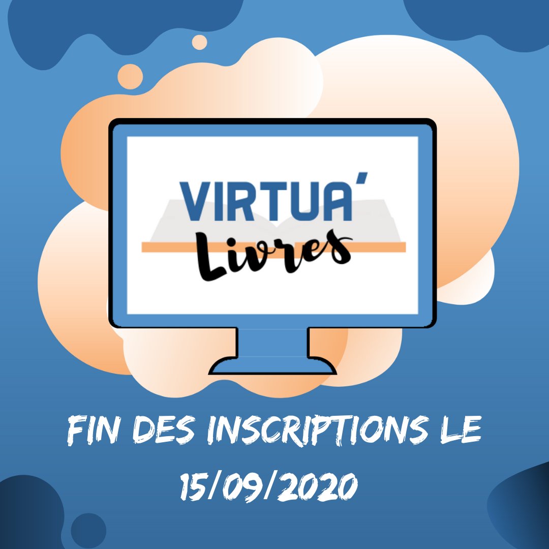 Il ne vous reste que quelques jours pour vous inscrire à la prochaine édition de Virtua'Livres (https://t.co/kZqKLGGhOm) ! En effet, il ne sera plus possible de vous inscrire après le 15/09/2020.
Pour vous inscrire, il suffit d'envoyer un mail à virtualivres@gmail.com #auteurs https://t.co/bbC0S8zdzh