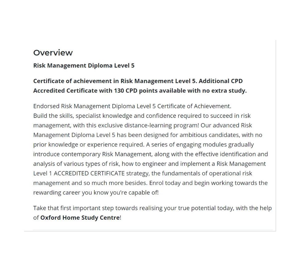 فرصة ممتازة للتسجيل بدبلوم إدارة المخاطر المقدم من Oxford Home Study College الذي يحوي 13وحدة دراسية أساسية ومناسبة للراغبين بالتطور بهذا المجال والمستجدين فيه (300 ساعة)

من دون متطلبات

التكلفة فقط 50 ريال (كانت 3000!) يستمر العرض لمدة 4 أيام حسب الموقع

reed.co.uk/courses/risk-m…