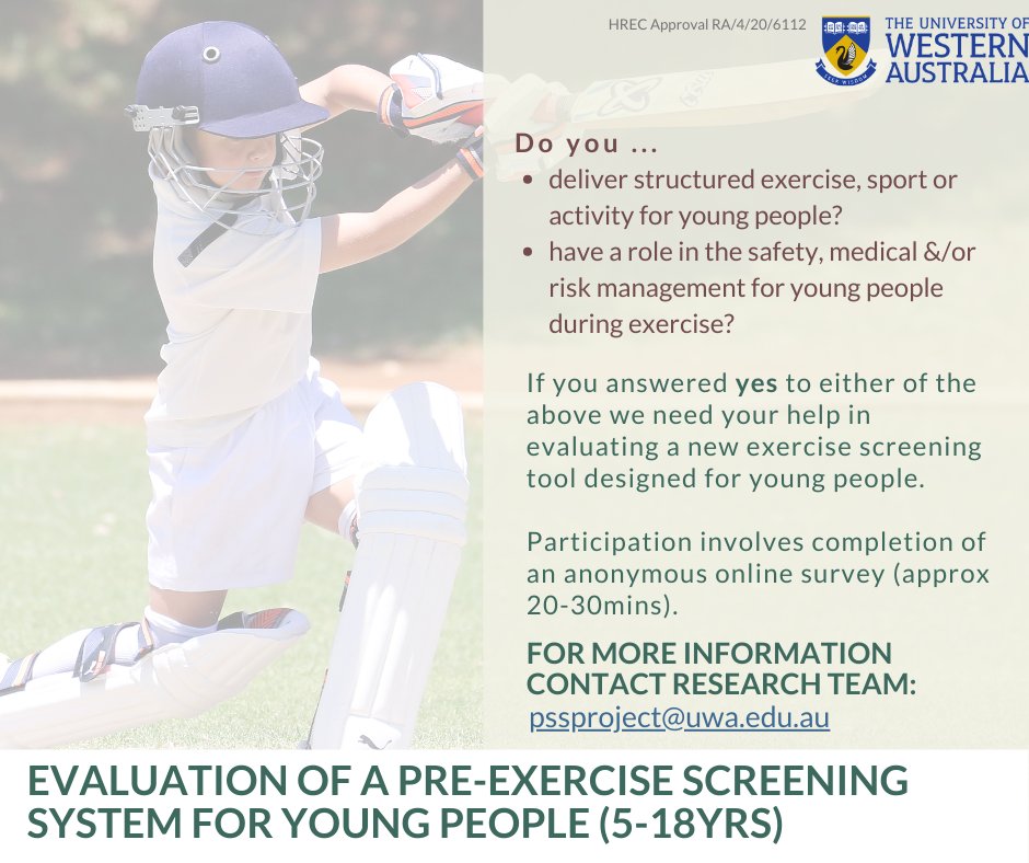 HELP NEEDED! Do you work with kids/young people and exercise or sport? ⚽️

Currently seeking feedback on a Pre-Exercise Screening System for Young People from those involved in safety &amp;/or exercise/sport with kids 

Thanks in advance 🙌  🔗 Survey Link: 
uwa.qualtrics.com/jfe/form/SV_ek…