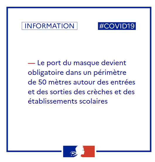 Prefet62's tweet photo. ➡️Le port du masque devient obligatoire, pour les personnes âgées de 11 ans et plus, dans un périmètre de 50 mètres autour des crèches, des écoles, collèges, lycées, universités et établissements d'enseignements artistiques du #PasDeCalais. 

[2/3] https://t.co/ocftkenO53