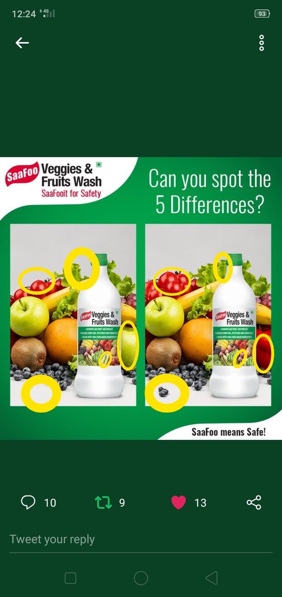 GoldQueenie4's tweet photo. @SaafooIndia Here I spotted 5 differences👇
#ShopNow #SaaFooGame #SaaFooMeans #SaaFooit #EatHealthy #HealthyCooking #SafeCooking #WashVegetables #VeggiesWash #SafeVegetables #SpotTheDifferenceChallenge
@SaafooIndia
Join
@satyapaljain_86 @Dazzlingcutie1 @KpParmar98 @sandeep0_07 @SJ_0016 https://t.co/CseSL4hh6A