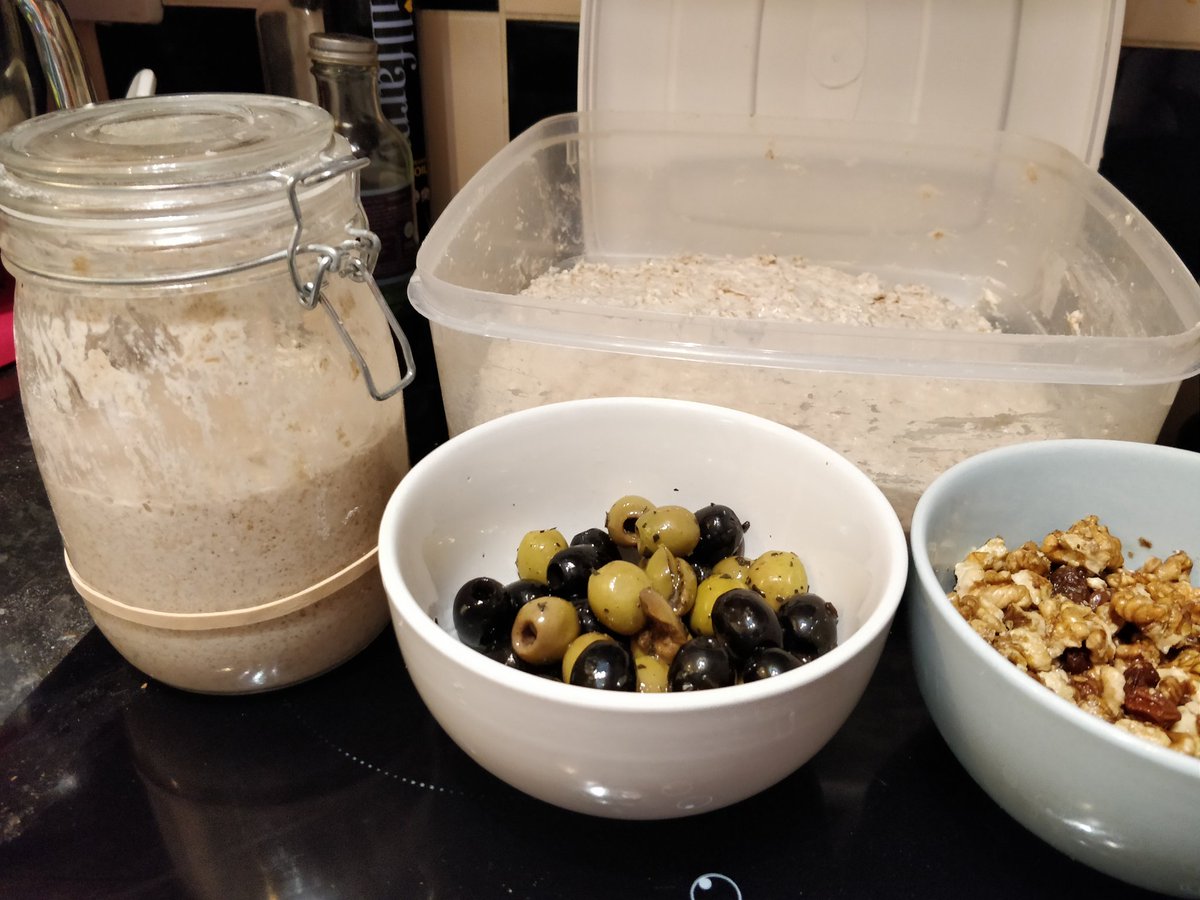 Netherking9's tweet image. Green and black olive, Walnut and sultana, standard wholemeal sourdough are todays flavours. 
I'll be baking tomorrow morning ☺️