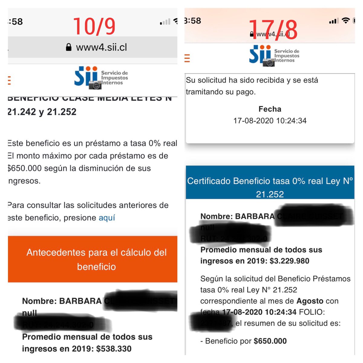 BarbaraCuisset's tweet photo. @SII_Chile @SII_Chile @ignaciobriones_ que pasó con cálculo de ingresos 2019?
Entre Agosto y Septiembre mis ingresos 2019 no cambian pero por @SII_Chile pasaron de más de 3000000 a 500000.
Así no me dieron el bono clase media y ahora no puedo pedir préstamo. 
Que pasa?? @SII_Chile @SERNAC https://t.co/43FhG6gAGu
