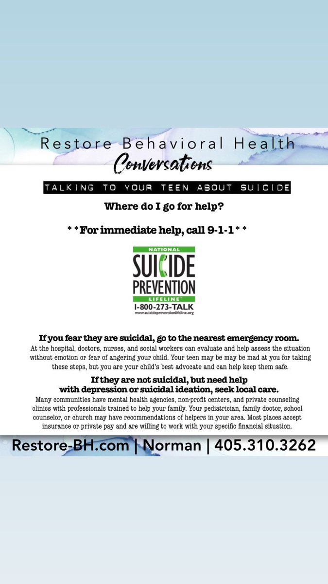 RestoreNorman's tweet photo. Know the suicidal risk factors, signs your teen might be at risk, and ways to communicate with them to get the help they need.  
If you need immediate support, call 9-1-1 or the National Suicide Prevention Lifeline: 1-800-273-8255 https://t.co/RsOifUnkC0