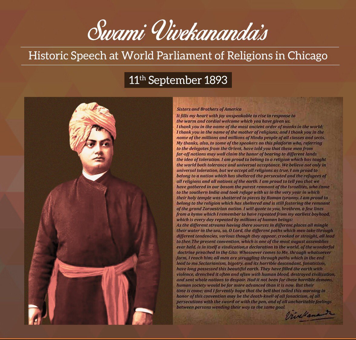 India In Singapore On Twitter 127 Years Ago The Great Indian Philosopher And Spiritual Leader Swami Vivekananda Delivered The Historic Speech At The World Parliament Of Religions In Chicago Vivekanandinchicago Https T Co 2hiod8xywt