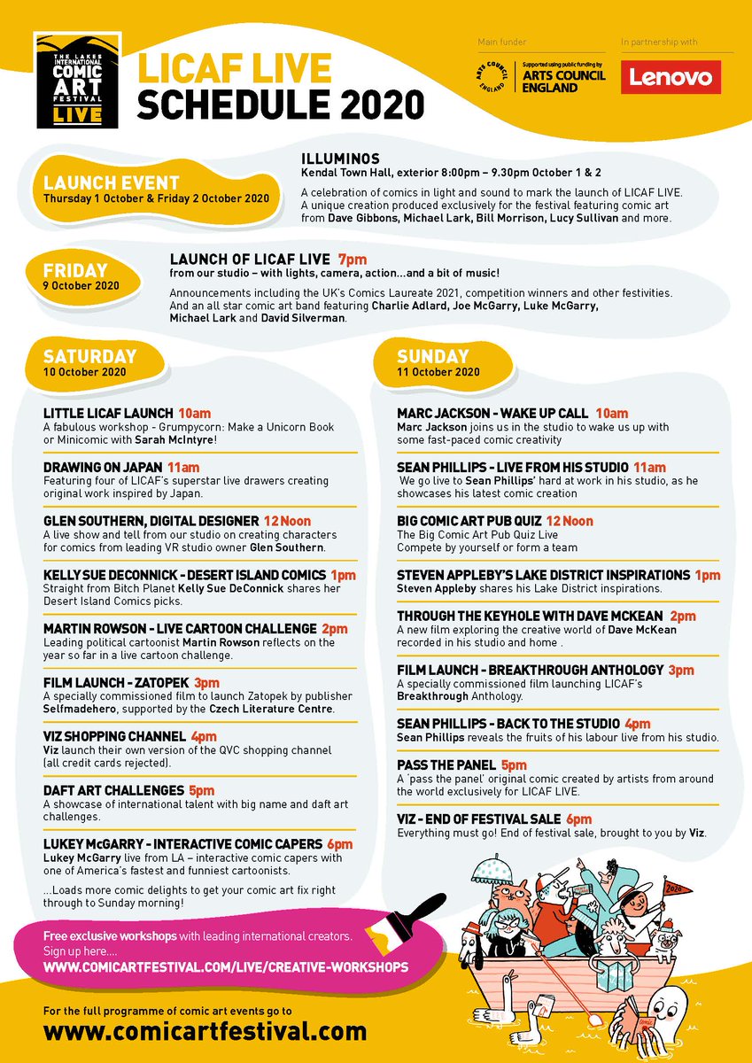 We have soooo many events, films, talks, workshops, live draws, comic challenges &amp; comic wonders to share with you 9-11 October at #LICAFLive! Here's just a snapshot of the live schedule, for full listing head to comicartfestival.com/licaf-live #LakeDistrict #ComicArt #ComicConAtHome