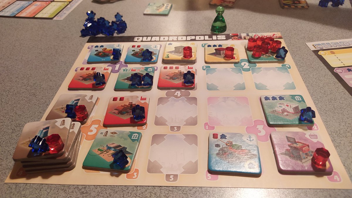 IvanIserte's tweet photo. Y acabamos con un #Quadropolis al modo experto y a 4 jugadores, que es como más mola jugarlo. Es un citybuilding muy majo. Un puzzle muy divertido, muy bonito en mesa, y lo suficientemente exigente para disfrutarlo con jugones, pero que se puede jugar en familia perfectamente. https://t.co/NRsvjMe63V