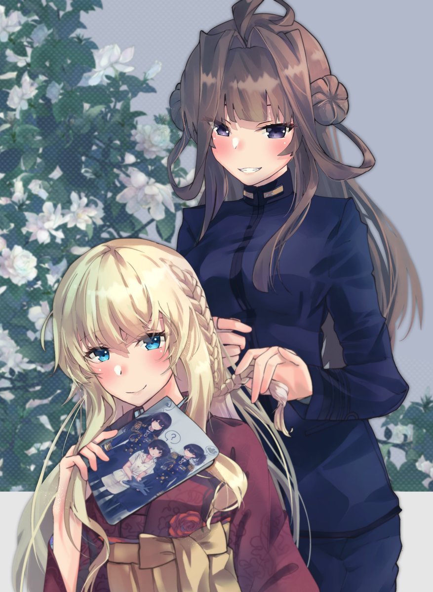 kongou (kancolle) ,warspite (kancolle) multiple girls 2girls long hair japanese clothes brown hair blonde hair double bun  illustration images