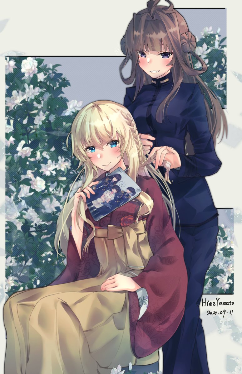 kongou (kancolle) ,warspite (kancolle) multiple girls 2girls long hair japanese clothes brown hair blonde hair double bun  illustration images