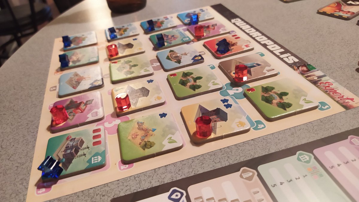 IvanIserte's tweet photo. Y acabamos con un #Quadropolis al modo experto y a 4 jugadores, que es como más mola jugarlo. Es un citybuilding muy majo. Un puzzle muy divertido, muy bonito en mesa, y lo suficientemente exigente para disfrutarlo con jugones, pero que se puede jugar en familia perfectamente. https://t.co/NRsvjMe63V