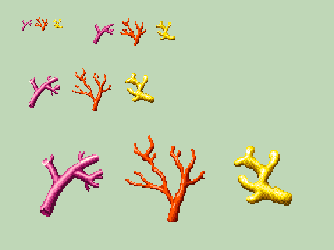 珊瑚は3色作成。形状コンセプトも個々で変えています まさにサンゴ3