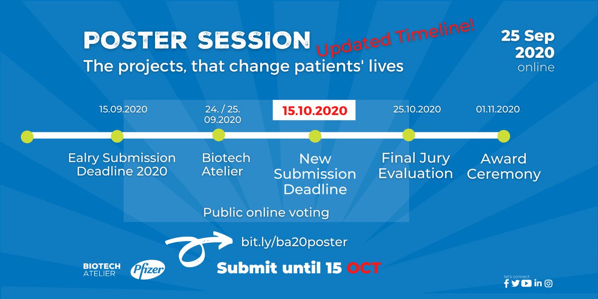 BiotechAtelier's tweet photo. Did you hear already? The Poster Session submission deadline has been extended to 15.10.2020! If you submit in the next days, your poster will be featured at Biotech Atelier 2020. More info: https://t.co/1nzwDM9MnC
#postersession #studentposters #innovation https://t.co/FhV5AyVevC