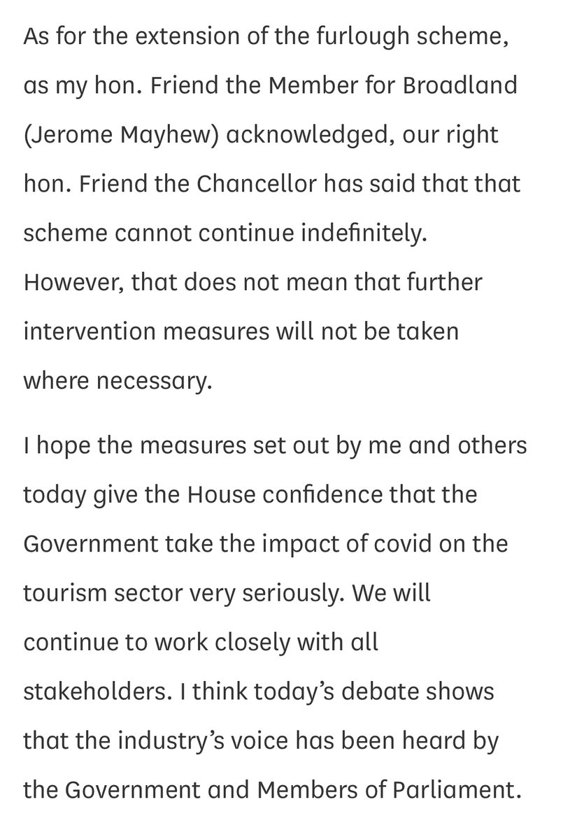 Tourism Minister <a href="/HuddlestonNigel/">Nigel Huddleston MP</a>  “request..the VAT reduction be extended..message is well understood..[Furlough] scheme cannot continue indefinitely. However, that does not mean that further intervention measures will not be taken” hansard.parliament.uk/Commons/2020-0…