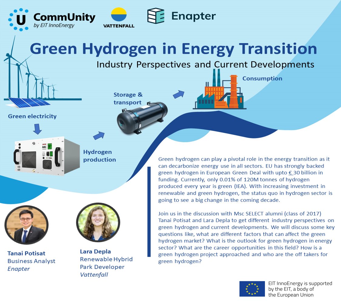 Are you curious about green hydrogen? 

Watch the webinar recording where we explored this topic in detail and got amazing insights from our alumni members Tanai Potisat, from <a href="/Enapter_/">Enapter</a>  and Lara Depla, from <a href="/VattenfallNL/">Vattenfall Nederland</a> : bit.ly/3hixW6u

#greenhydrogen