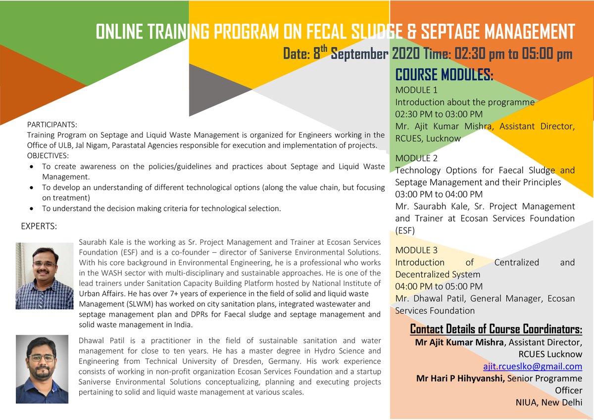 NIUA_India's tweet photo. 2/2 The program covered the engineering &amp; technology aspects of #Septage and Liquid Waste Management &amp; the  decision-making criteria for technological selection. 
A total of 50+ officials were trained through this intervention.
#SCBP #Sanitation #FSSM #onlinetraining https://t.co/3TNhsHBjeD