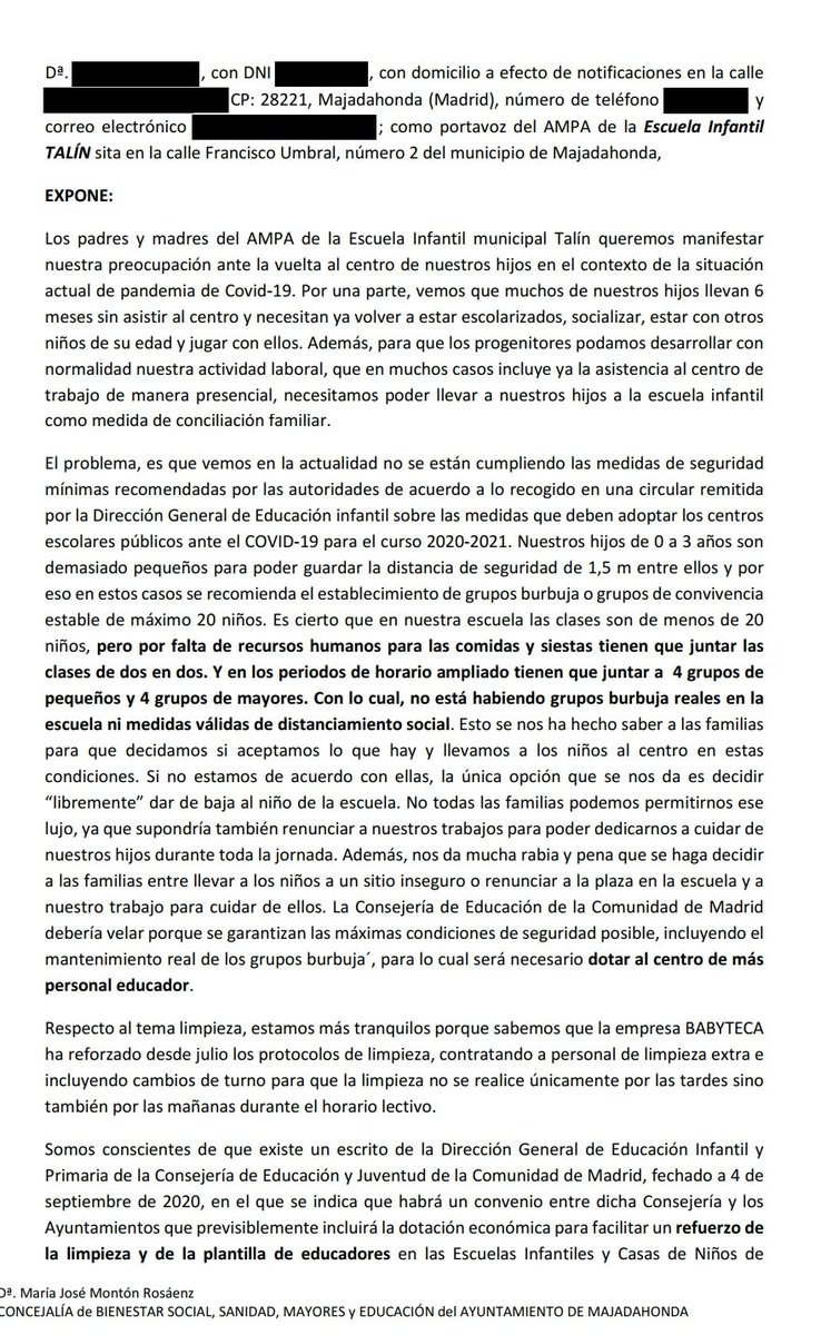 EPMajadahonda's tweet photo. El AMPA de Talín (competencia municipal) de #Majadahonda denuncia que no tiene personal suficiente para mantener los grupos burbuja, esenciales en esta edad en la que  el mantenimiento de la distancia de seguridad es imposible @alvarezustarroz esto es #vueltaseguraalasaulas ? https://t.co/SMUyATBoFs