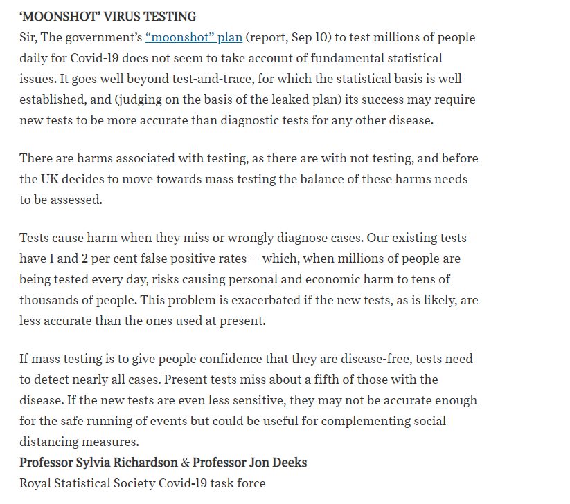 p_glaister's tweet photo. Serious implications of false positives & false negatives
Brilliant letter in The Times today & highlighted on the top of the front page
#ALMaths #ALCoreMaths #ALStats #CoreMaths
I strongly encourage all teaching the above👆to use this for discussion in your statistics lessons https://t.co/1l8sCGLVvn