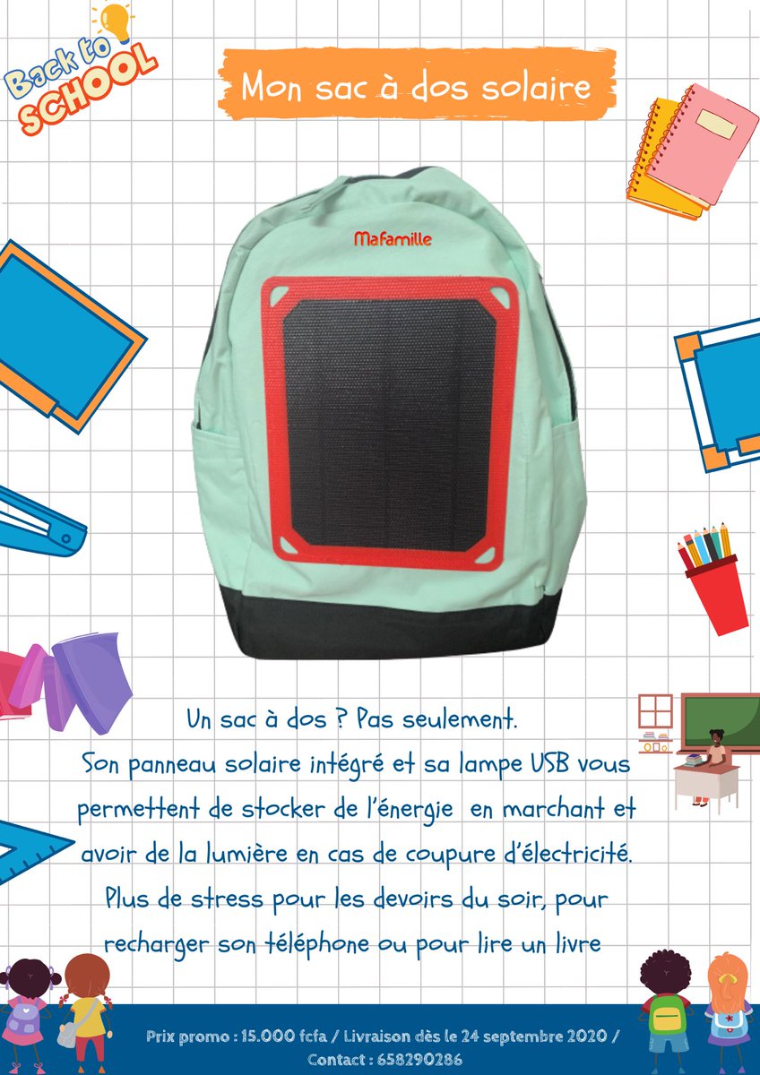 Heureuse de vous présenter le nouveau bébé de <a href="/MaFamille237/">Ma Famille</a> : un sac à dos avec un panneau solaire qui permet de stocker de l’énergie. En cas de coupure d’électricité le soir il y’a tjrs de la lumière pour faire ses devoirs, lire etc
100 pièces en précommande sur WA au 658290286