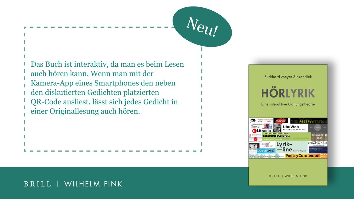 brillphilosophy's tweet photo. Burkhard Meyer-Sickendiek, "Hörlyrik"

Das Buch erzählt die Geschichte der #Hörlyrik, eine Gattung, die im digitalen Zeitalter insbesondere durch das Berliner Portal Lyrikline sowie die US-amerikanischen Portale PennSound und UbuWeb bekannt geworden ist.

https://t.co/QBj719AWXO https://t.co/B6E3e4BC6T