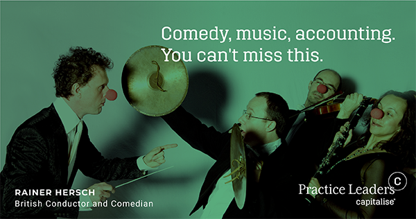 Capitalisers's tweet photo. The art of coordinating teams with world-class orchestra conductor and hilarious stand-up comedian, @rainerhersch. 🎶 Our next Practice Leader session 👉 https://t.co/alK6Uye8ka will have it all, music, comedy and key takeaways in leadership. Join us! https://t.co/Cumv3NJZtA