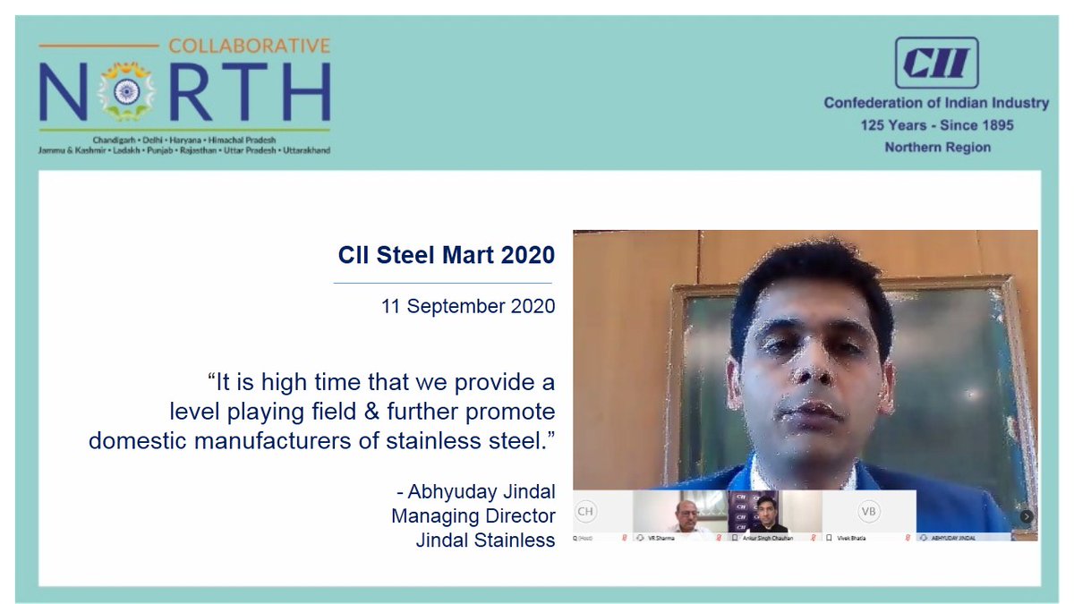 “It is high time that we provide a level playing field &amp; further promote domestic #manufacturers of #stainless #steel ."~ <a href="/abhyudayjindal/">Abhyuday Jindal</a>, Managing Director, <a href="/Jindal_Official/">Jindal Stainless</a> at #CIISteelMart2020 today. #CII4NR