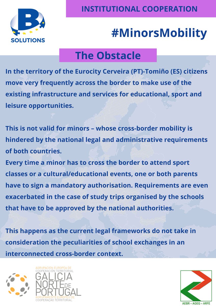 SocialnetAEBR's tweet photo. Obstacles tackled thanks to #bsolutions are many and various...for example last year we helped fostering #MinorsMobility at the ES-PT border! Apply to the 3β£ call for proposals and inform us on the hurdles you face in your #EUBorderRegion - let's push #EUintegration together! https://t.co/r6BN51QYiX