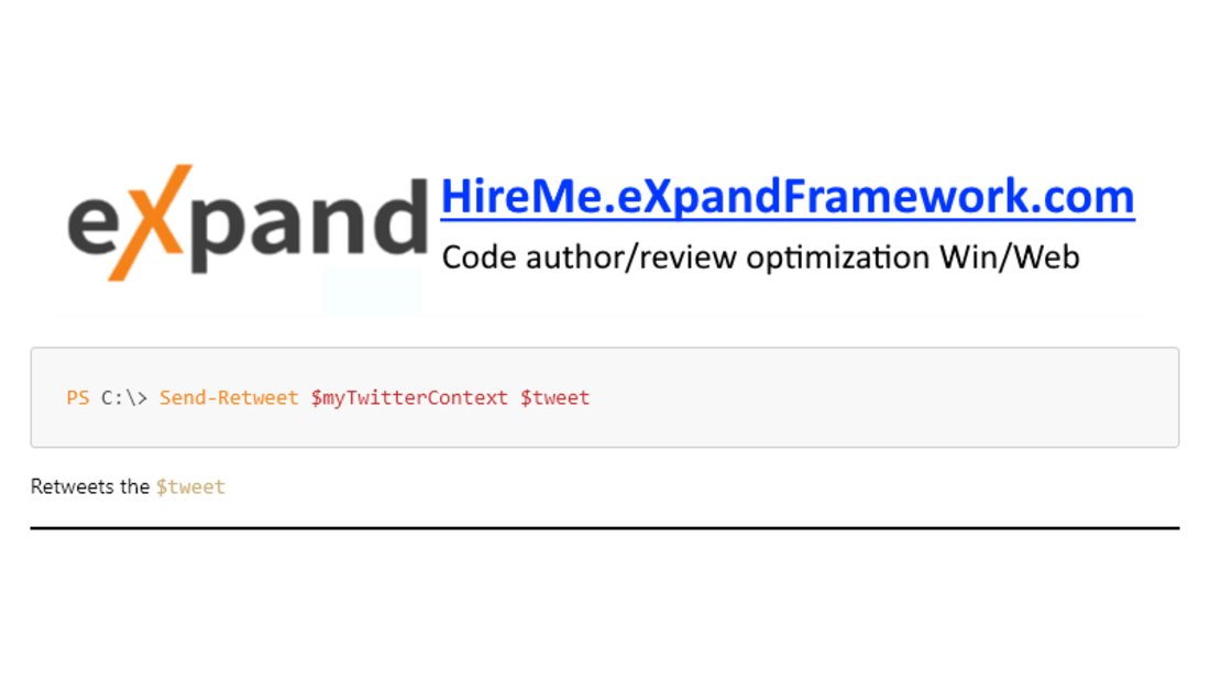 eXpandFramework's tweet photo. The Send-Retweet #XpandPwsh PowerShell CmdLet:
Retweets a tweet.
Wiki: https://t.co/y6XomBJoSI
#Reactive, #RX, #Linq2Twitter, #DevExpress_XAF, #powershell, #developer, #business, #automation https://t.co/4Wsfl73mci