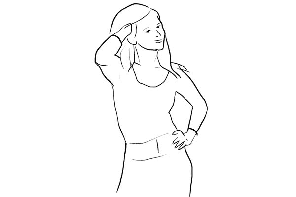 A simple and casual looking pose. Lots of variations are possible. Ask the model to twist her body, experiment with hand positioning and try different head turns.