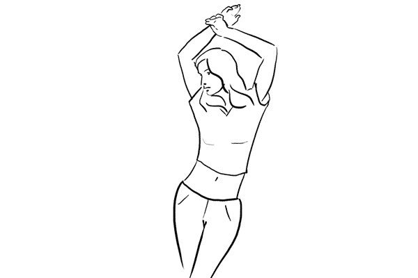 A sensual pose. By holding the hands above the head body curves are emphasized. Works with fit body types.